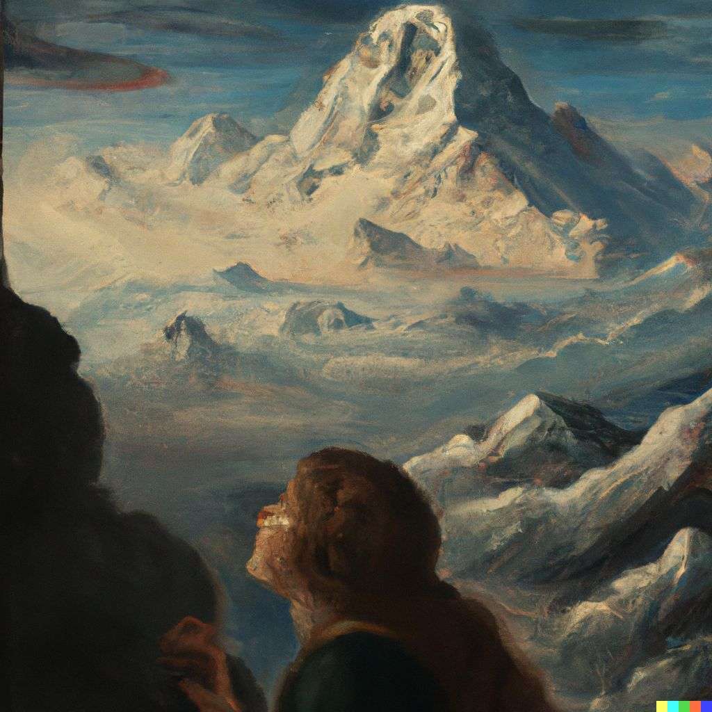 someone gazing at Mount Everest, painting by Sandro Botticelli